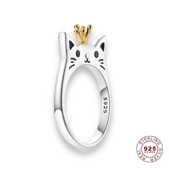 NWT Dainty Cat Ring SZ.9 S925 Sterling Silver Stamped Crown Cat Lover Princess - Picture 4 of 6